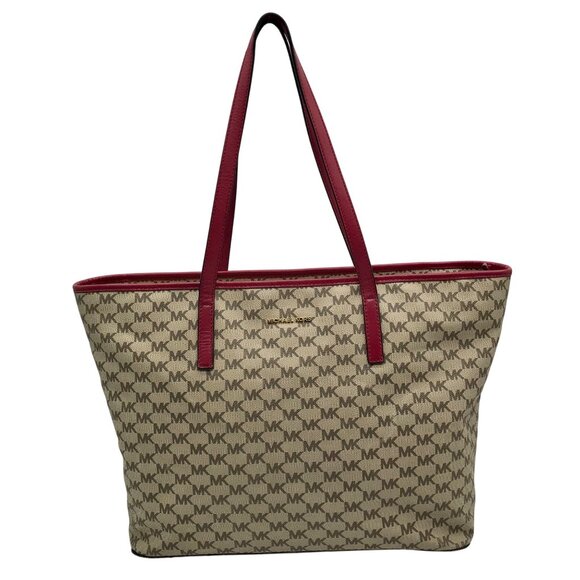 Michael Kors Beige Canvas And Red Leather Trim Monogram Tote Bag - Picture 1 of 10
